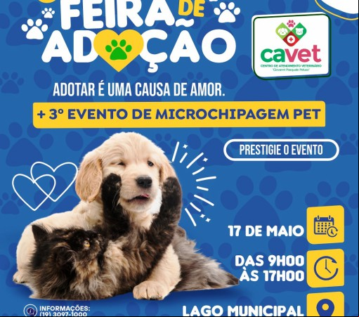 6ª FEIRA DE ADOÇÃO RESPONSÁVEL E 3º EVENTO DE MICROCHIPAGEM PET – 17 DE MAIO NO LAGO MUNICIPAL, DAS 09H ÀS 17H}