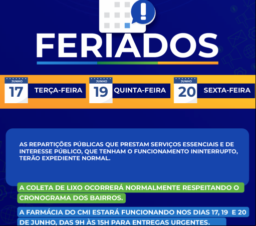 FERIADOS NACIONAL E MUNICIPAL E PONTO FACULTATIVO DIAS 17, 19 E 20 DE JUNHO}